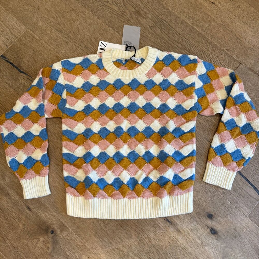 Colorful Zara Kids Argyle Sweater Size 11-12Y Cotton Blend Knit Pastel Blue/Pink - Picture 1 of 5